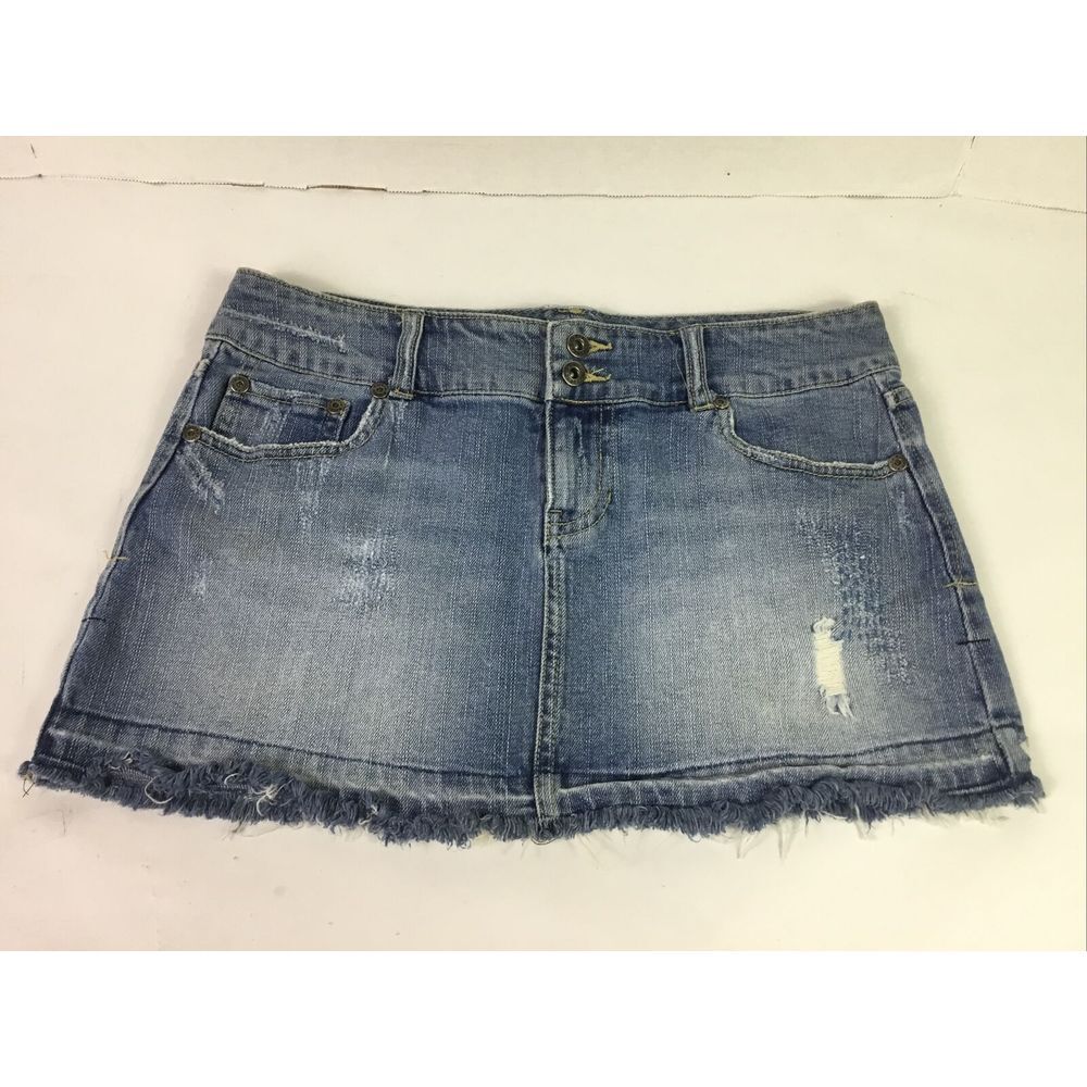 Hanana Mini Skirt Denim Blue Junior Size M distressed holes raw‎ hem Fringe